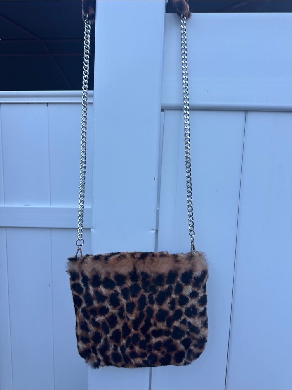 Faux Fur Leopard Print Crossbody Bag with Chain Strap - Brown